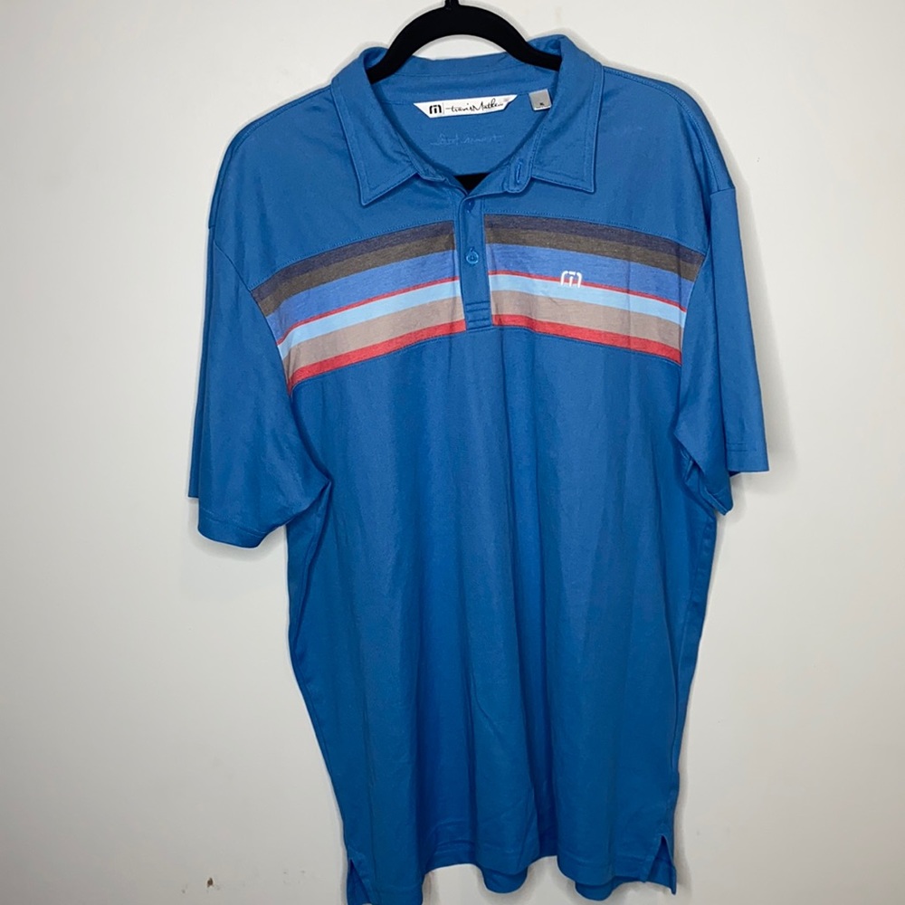 Travis Mathew Blue Polo with Multicolor Chest Stripes